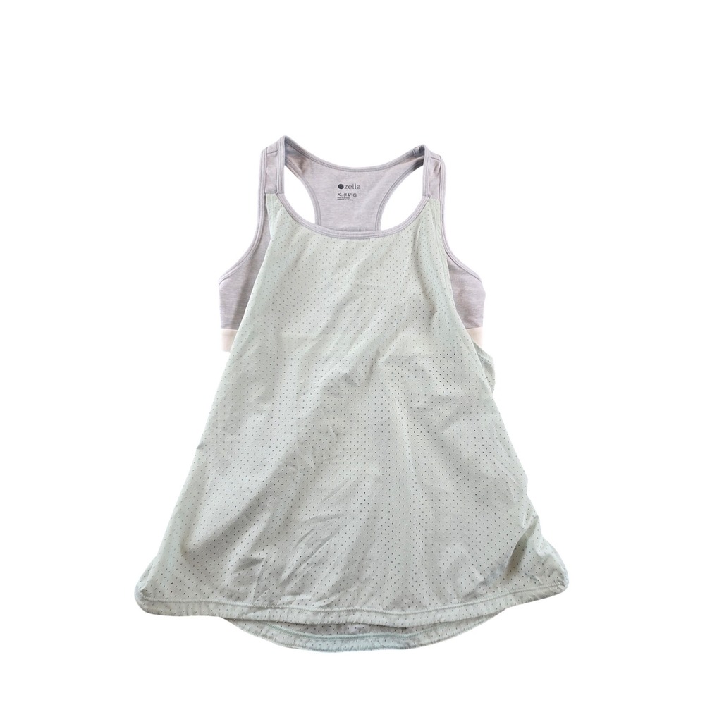 Zella Girl Mint Green Perforated Mesh Layered Tank Top Built-In Bra XL 14-16‎